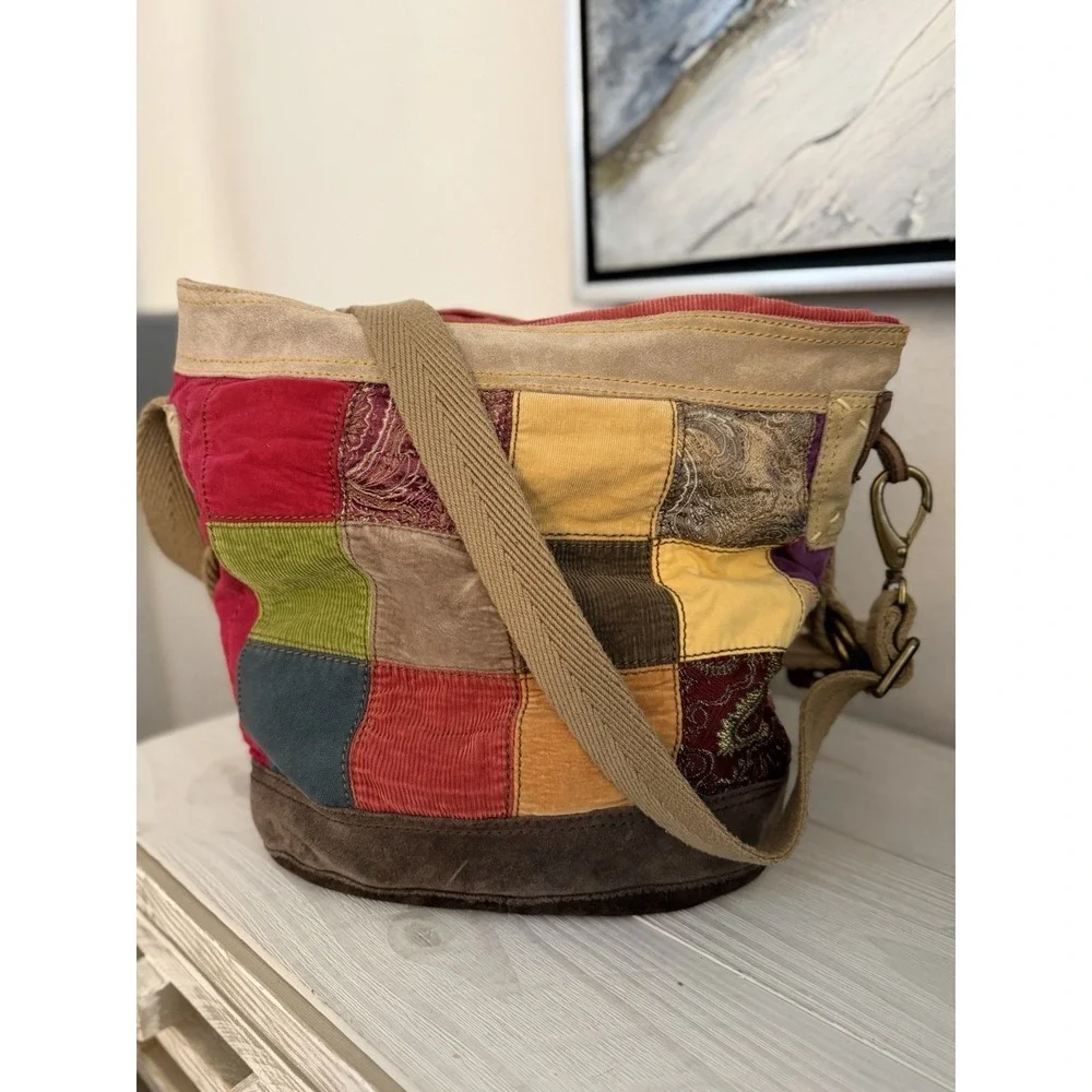 VTG Lucky Brand Corduroy Patchwork Boho Shoulder Bag large Crossbody Hobo Tote